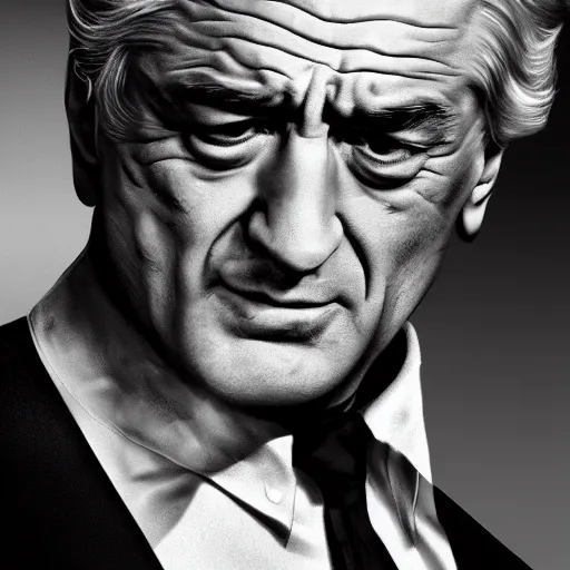 Prompt: Robert De Niro stars in Sin City movies, incredibly detailed, photorealistic, Black and white, cinematic lighting, trending on artstation, 4k, hyperrealistic