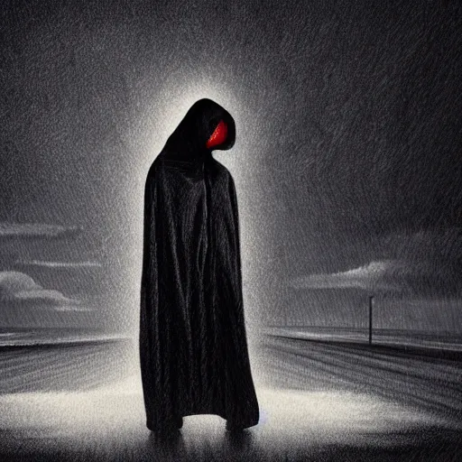 Prompt: hooded figure walking in a thunderstorm, illustration, 4 k, highly detailed