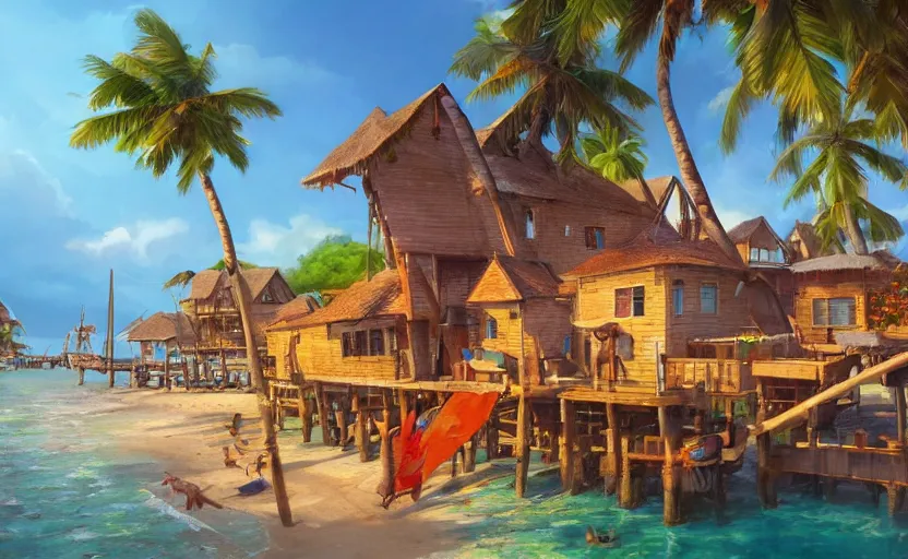 Image similar to a little fisher village on a tropical island, wood pier and houses, bright day, matte painting by marc simonetti and rhads, trending on artstation