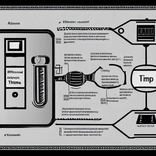 Image similar to exploded diagram of a simple time machine. black and white textbook diagram how to guide.