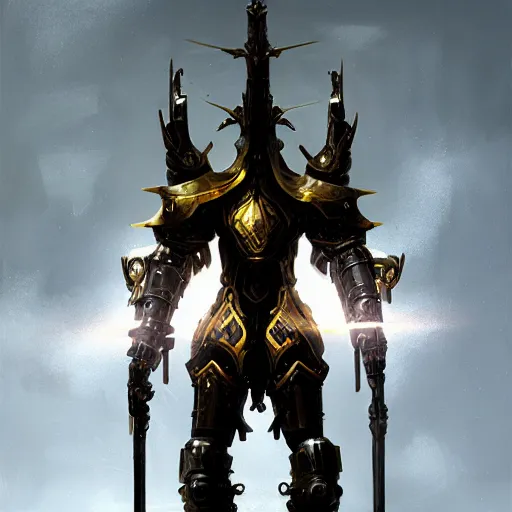 Prompt: anthropomorphic cyberwarrior stands tall wearing black and gold plate armor, oil painting, Tooth Wu, Greg Rutkowski, RPG, dynamic lighting, fantasy art, High contrast, depth of field, landscape, scenery