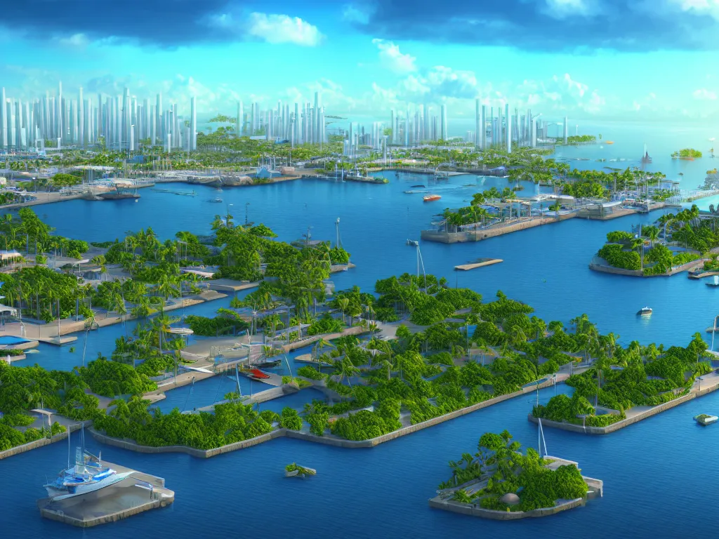 Prompt: a tropical port city, view from the docks out to sea, concept art, 4k