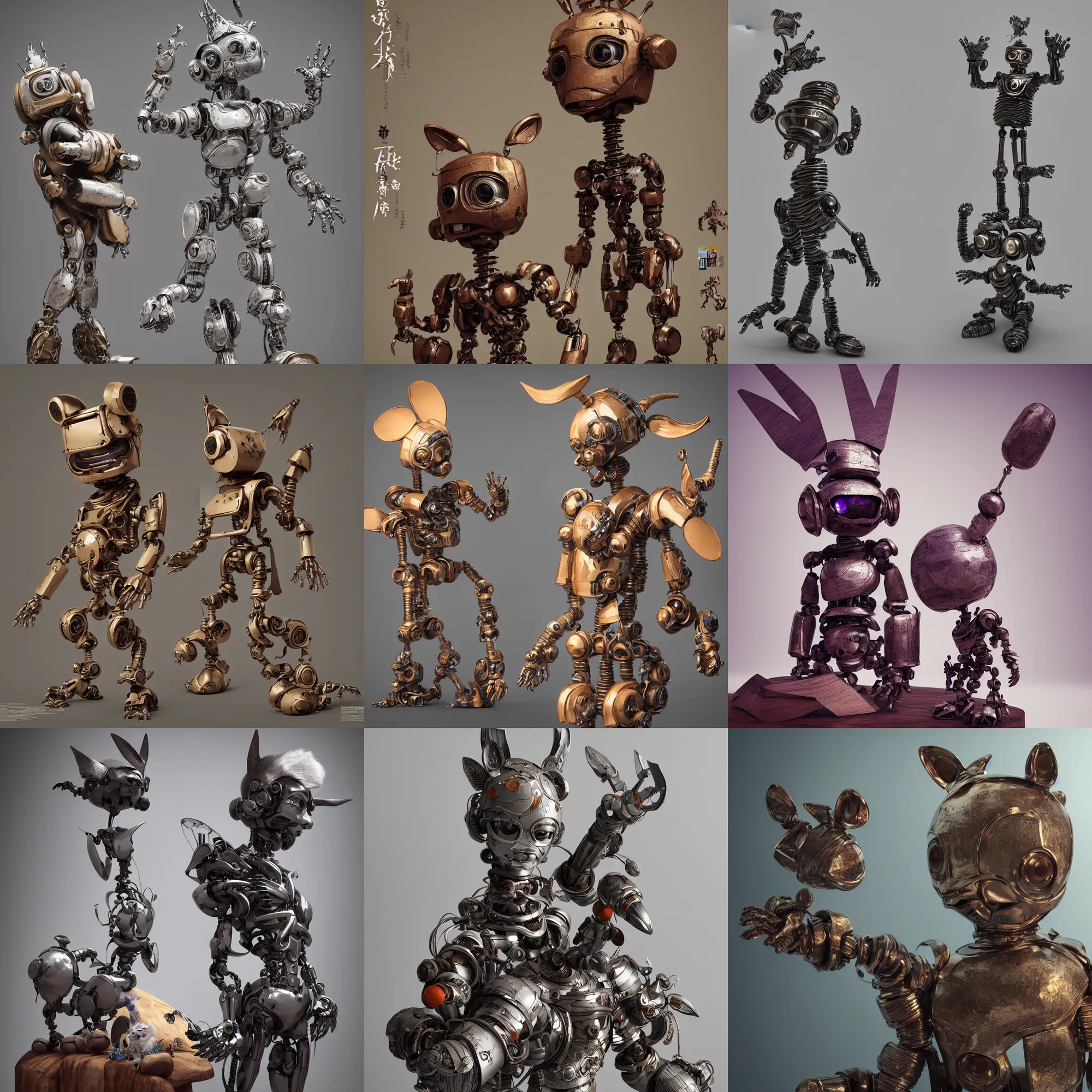 Prompt: 3 d octane render ultra 8 k photorealistic hyper detailed unreal engine a vhs futurepunk concept art, trending on cgsociety artwork masterpiece in a contemporary art gallery lossless quality wooden sculpture statue on feet art toys a very cute mystical robot of the bohemian with cats ears by aoshima chiho