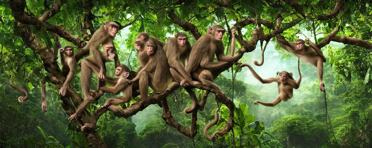 Prompt: a family of monkeys swing through the trees in a beautiful jungle landscape bordered by vines, flowers, tropical birds, snake, river with stunning water, weta pixar high fantasy many detailed features photorealism