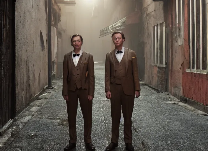 Prompt: a very high resolution image from a new movie, two deer wearing suits, in a narrow chinese alley, dark light long shadow beatiful backgrounds, dramatic lighting, directed by wes anderson