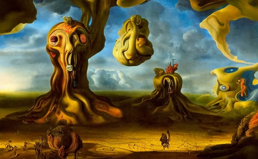 Prompt: very detailed colorful strange disturbing dutch golden age surrealistic landscape with very small humanoid strange figures in the distance with large looming biomorphic figures looming inthe foreground, cast shadows, chiaroscuro, painted by dali and rachel ruysch, timeless disturbing masterpiece perfect composition