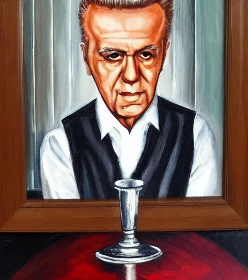 Prompt: framed portrait painting of paulie walnuts sitting at a mafia table