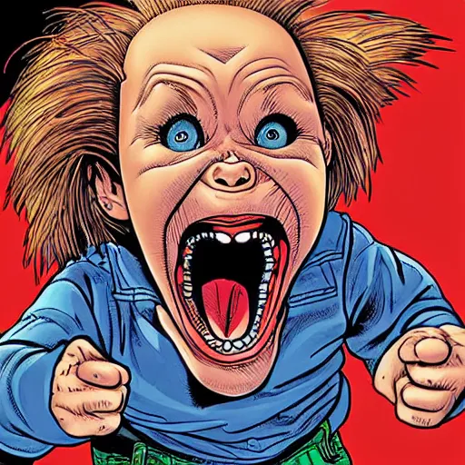 Image similar to a portrait of young chucky doll screaming by arthur adams