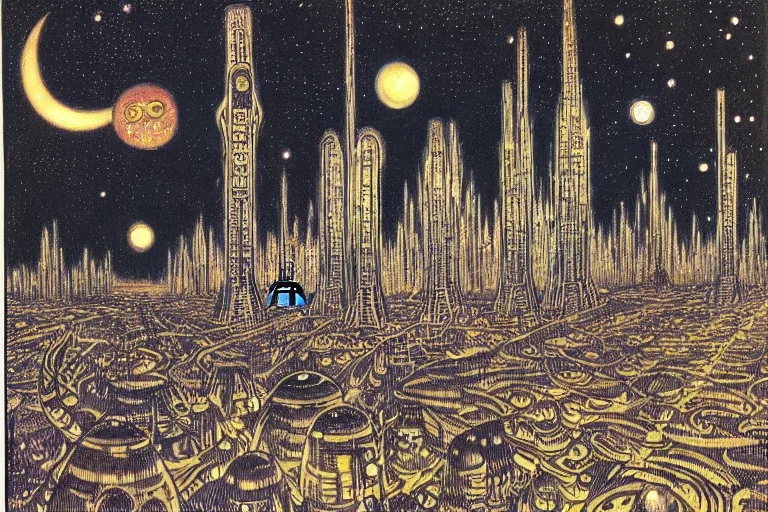 Prompt: a scifi illustration, Night City on Tatooine by Louis Wain (1920)