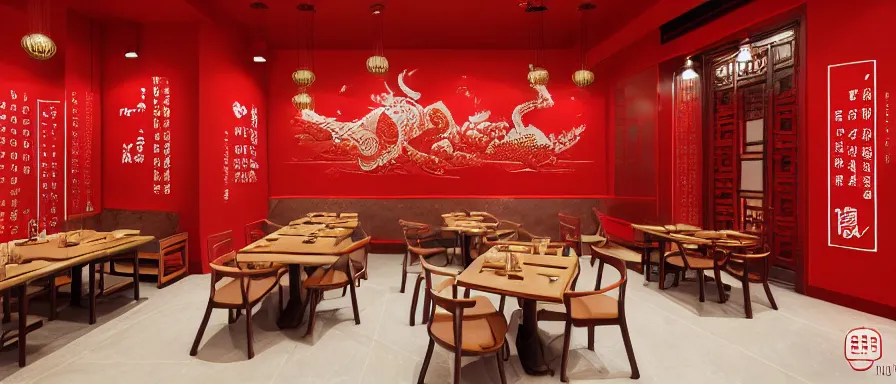 Image similar to a beautiful hyperdetailed interior render of roasted string hotpot restaurant restaurant yan'an, wall corner, from china, red paper wall and white tile floor, with merchant logo, fine delicate structure, chinese style, simple composition, simple style structure decoration design, victo ngai, 4 k hd