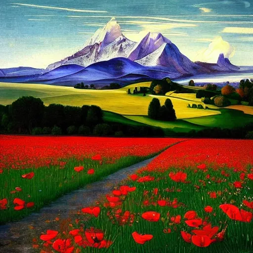 Image similar to a caravaggio painting masterpiece exposed at the Louvres in paris : a poppy field with a icy moutain in the background and a blue sky This 4K HD image is Trending on Artstation, featured on Behance, well-rendered, extra crisp