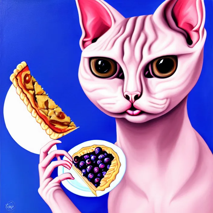 Image similar to an anthropomorphic sphynx cat fursona with big eyes eating a slice of blueberry pie, furry art, cute, oil on canvas, soft lighting