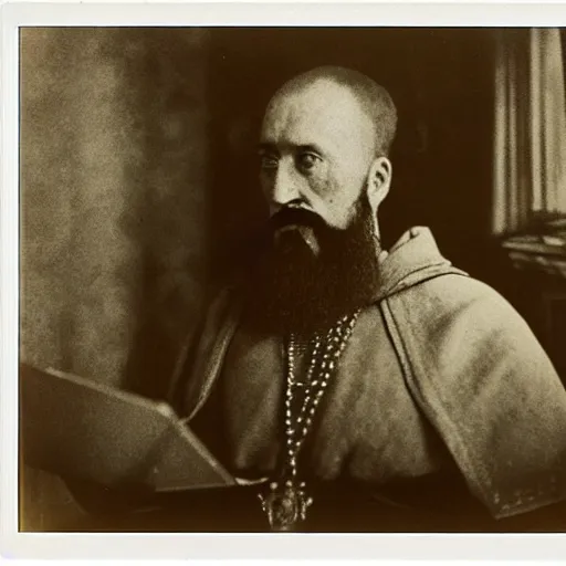 Image similar to Ivan the Terrible in his palace in Moscow working on a MacBook Pro m1, high detail, Polaroid , old photo width 768