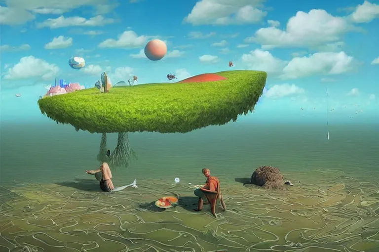 Image similar to surreal glimpse into other universe, floating island in the sky, sea and wind, summer morning, very coherent and colorful high contrast, art by!!!! gediminas pranckevicius!!!!, geof darrow, dark shadows, hard lighting