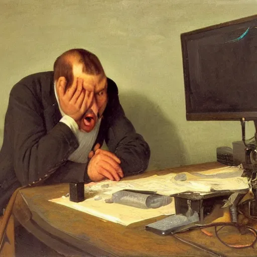 Image similar to an angry man yells at his computer monitor, oil on canvas, 1 8 8 3, highly detailed