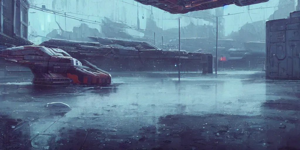 Image similar to scifi soviet cargo spaceship in heavy armor, liminal space around, puddles of water, by simon stalenhag, by ian pesty and alena aenami and makoto shinkai, concept art, matte painting, washed colors,