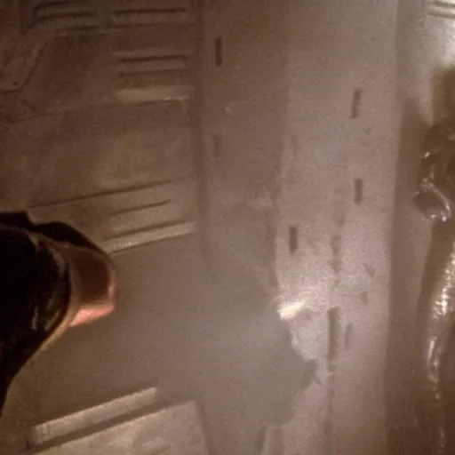 Image similar to film still of Donald Trump being held against a wall by a predator in the movie Alien.