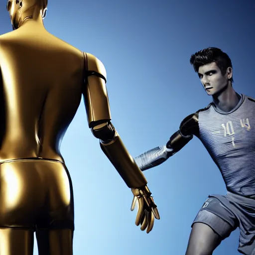 Image similar to a realistic detailed photo of a guy who is an attractive humanoid who is half robot and half humanoid, who is a male android, attractive and handsome soccer players, shiny skin, posing like a statue, blank stare, in a factory, on display, showing off his muscles, gold soccer shorts, side view, looking at each other mindlessly