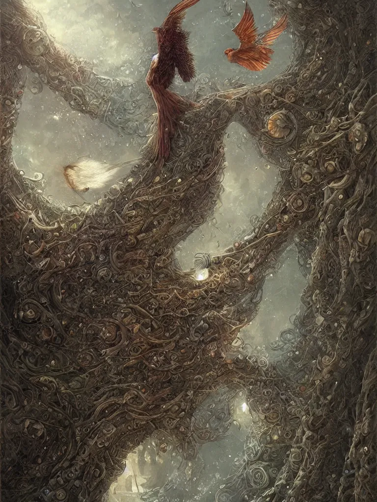 Image similar to a painting of a person with bird traits, a detailed painting by Andrew Ferez, cgsociety, fantasy art, biomorphic, mystical, whimsical