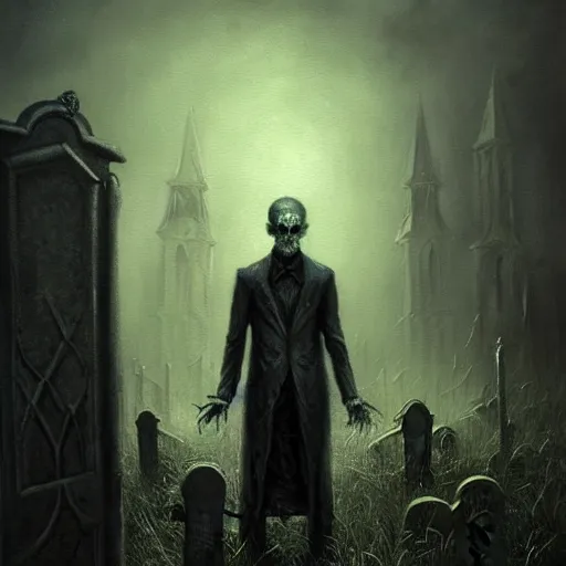 Image similar to a painting of a man standing in a graveyard, an ultrafine detailed painting by seb mckinnon, featured on cgsociety, gothic art, darksynth, dark and mysterious, ominous vibe