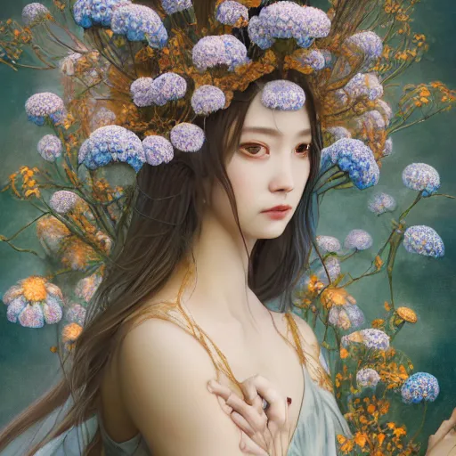 Image similar to breathtaking detailed concept art painting of the goddess of nemophila flowers, orthodox saint, with anxious, piercing eyes, ornate background, amalgamation of leaves and flowers, by Hsiao-Ron Cheng, James jean, Miho Hirano, Hayao Miyazaki, extremely moody lighting, 8K