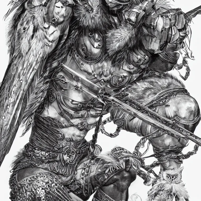 Image similar to wide shot of muscular female owl warrior, realistic proportions, sharp focus, beautiful face, wearing feather armor, wielding an owl broadsword, symmetrical, highly detailed, engraving kentaro miura manga art style trending on artstation 8 k