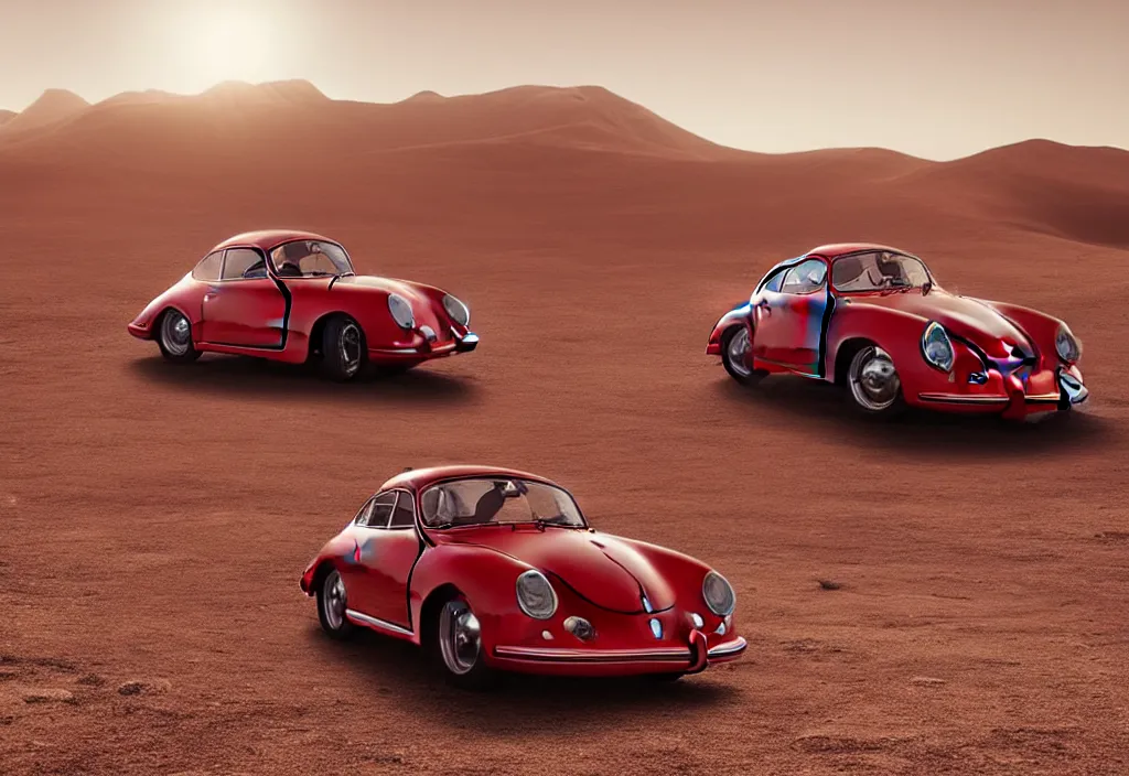 Prompt: “a singular red porsche 356 is parked in the middle of the desert, a matte painting by Scarlett Hooft Graafland, featured on unsplash, australian tonalism, anamorphic lens flare, cinematic lighting, rendered in unreal engine”