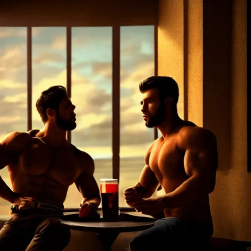 Prompt: cinematic scene with attractive muscular male and another attractive muscular male, drinking their hearts out, in the pub, dramatic, small details, volumetric lighting, still frame