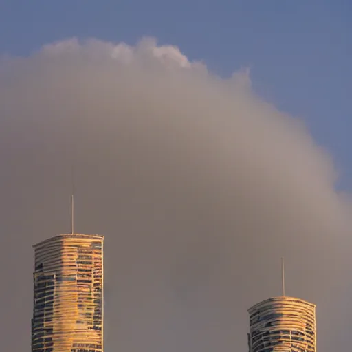 Image similar to sideways Twin Towers collapse horizontally in the cloudless Tuesday sky