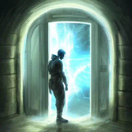 Prompt: a man through a mystical door leading to another dimension, fantasy, artstation detailed digital art