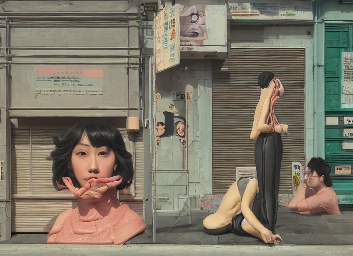 Prompt: people made of plastic and clay, 3 d, exterior street, neon japanese advertisements, portrait face, matt murphy, jeremy enecio, monet, cynical realism, john william godward, yoshitaka amano, miles johnston, louise zhang, matt murphy, enes dirig, pekka halonen, finnish naturalism, realism