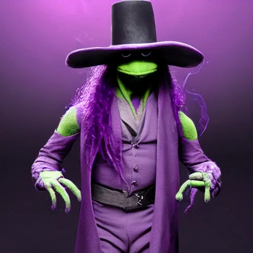 Prompt: Kermit dressed as The Undertaker, detailed, hyper realistic, purple fog, purple smoke, atmospheric