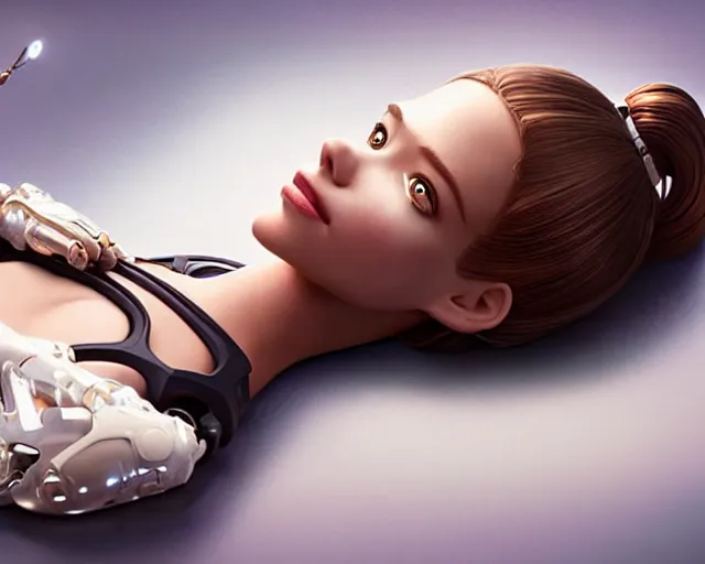 Image similar to weta disney pixar movie still head and torso screenshot photo of alicia vikander lying down on a mechanical table with a white ponytail as thoughtful intricate detailed mechanical plastic cyborg girl by pixar, by weta, wlop, ilya kuvshinov, rossdraws, artgerm, latex, iridescent, bright morning, anime, liosh, mucha