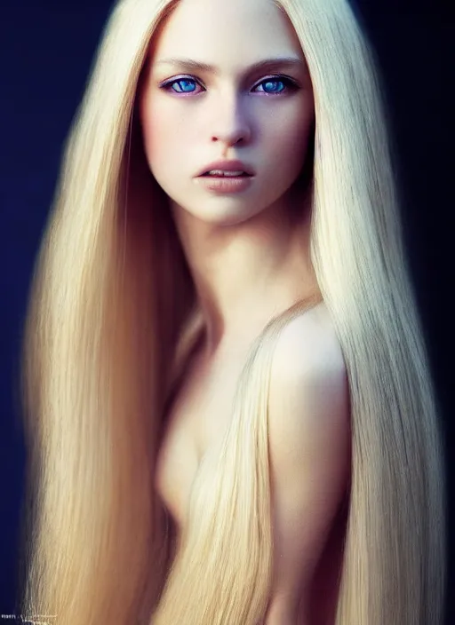 Image similar to a gorgeous girl with long blonde hair, photo by annie leibovitz, realistic, full body shot, wide angle, sharp focus, 8 k high definition, insanely detailed, intricate, elegant, art by stanley lau and artgerm, floating embers