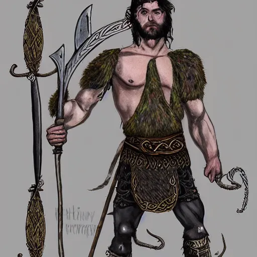 Prompt: full face and body character design reference art of Eoghaill of the Murine Hordes, a male La Tene Culture Celtic chieftain and warrior, resplendent and proud of bearing, long black hair, hirsute and muscled, wielding a Celtic longsword. Has a rat familiar. high quality, high detail, realistic gouache illustration, in the style of: Angus McBride, Mike Mignola, Jean Giraud, Alex Ross, and Michael William Kaluta. photorealistic character render.