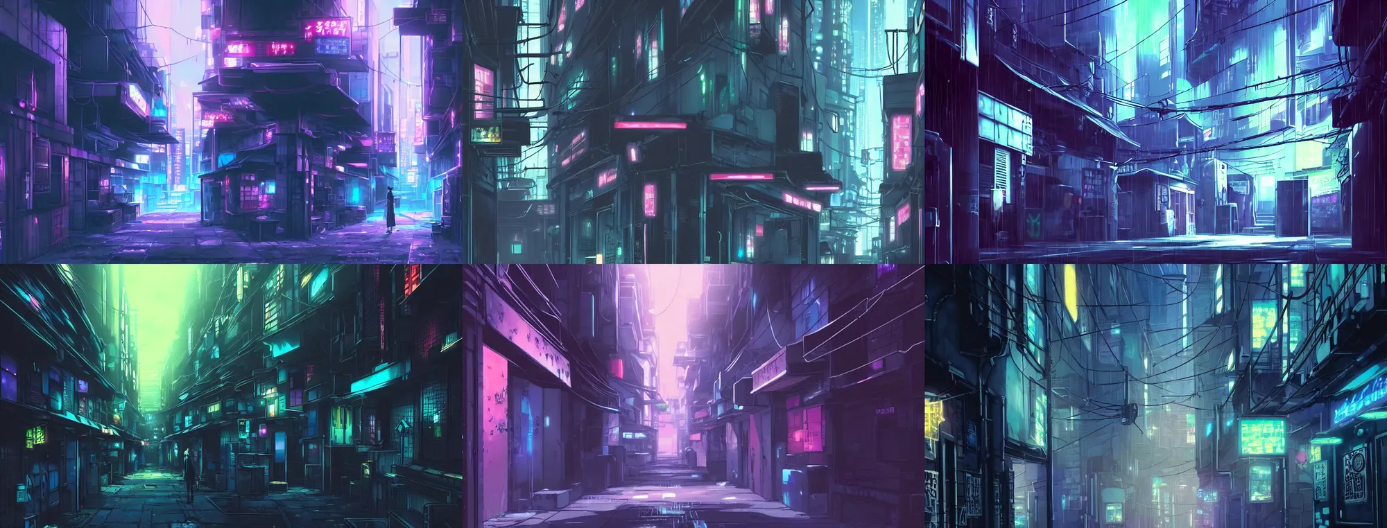 Prompt: anime background art matte painting close up of a city alleyway in the atmospheric cyberpunk anime film, neon noir, at night with lights, by makoto shinkai, in the anime series ergo proxy