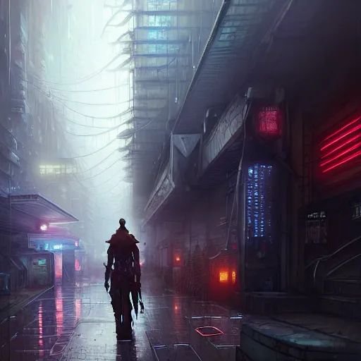 Image similar to an exhausted warrior wandering through a lost cyberpunk city from left to right, rainy day, radiant light, digital painting, art station, cell shaded, by les edwards, by greg rutkowski