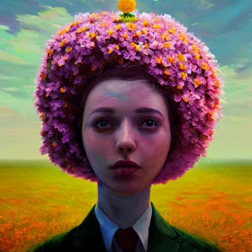 Prompt: large daisy flower head, frontal, girl in a suit, surreal photography, sunrise, dramatic light, impressionist painting, digital painting, artstation, simon stalenhag