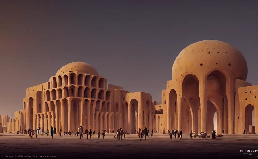 Image similar to exterior shot of utopian ancient persian architecture with cinematic lighting by zaha hadid peter zumthor and renzo piano, darek zabrocki and greg ruthkowski, simon stalenhag, cinematic, holy place, paradise, scifi, futurism, atmospheric, concept art, artstation, trending on artstation