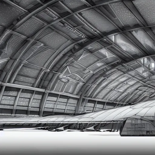 Image similar to highly advanced aircraft hangar from cinematic perspective, by feng zhu, highly detailed, sharp, concept art