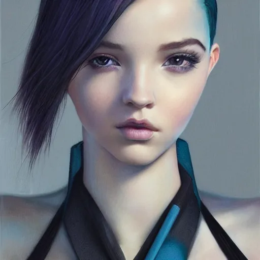 Prompt: tom bagshaw portrait, beautiful mix of dove cameron madison beer bella poarch in a camisole and hotpant, short cyberpunk haircut, professionally retouched, focus eyes, ultra realistic soft painting, insanely detailed linework, symmetrical accurate intricate features, behance, 8 k, - signature