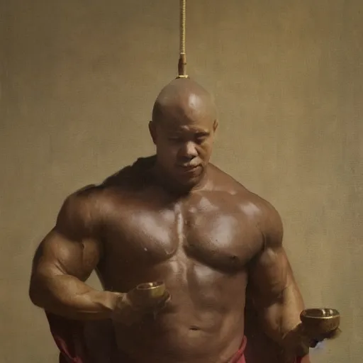 Prompt: cow bodybuilder wearing a monk robes holding incense burner. natural lighting by ruan jia, portrait