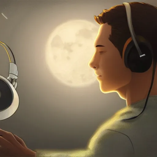 Prompt: medium shot of male wearing headphones sitting on the moon, calm, soothing, relaxed, cosy, quiet, elegant, cybernetic, glows, digital painting, Hayao Miyazaki, realism,