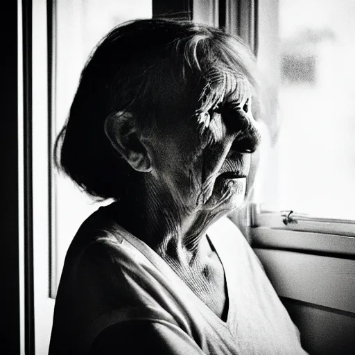 Image similar to black and white photograph portrait of a depressed beautiful old woman standing by the window, natural light, lomo, fashion photography, film grain, soft vignette, sigma 85mm f/1.4 1/10 sec shutter