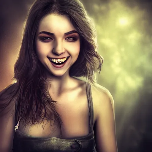 Prompt: cinematic shot of a vampire young woman smiling, epic portrait, hyper realistic, detailed face, seduction, pretty, hyper detailed, super realistic, perfect lighting pixel sorting, style sheet