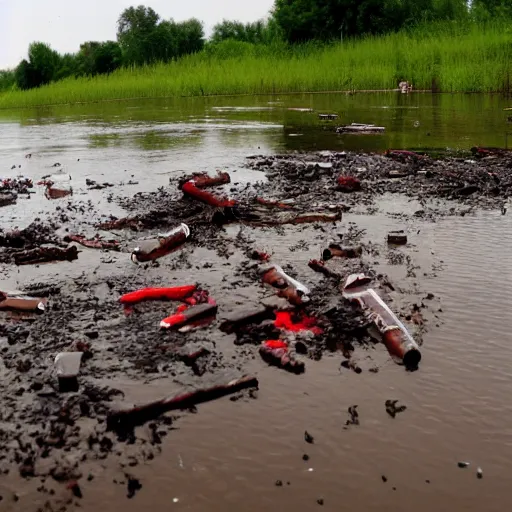 Image similar to odra river filled with blood and bodies of dead fauna in decay, high quality, informative press report photo 1 / 8 f