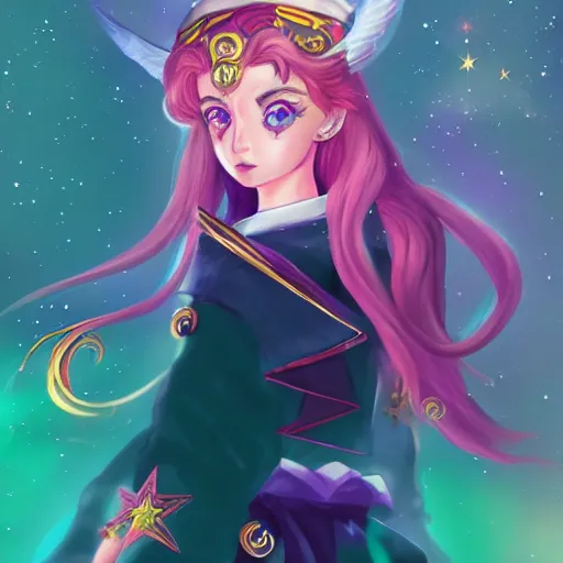 Prompt: a high fantasy portrait of a celestial magical girl, sailor moon, star guardians, very beautiful, very attractive, trending on artstation, cool color scheme, deviant art