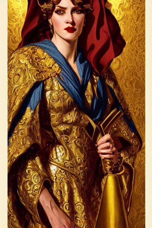 Image similar to Portrait of historically accurate, ancient biblical, sultry, sneering, evil, pagan, wicked, queen jezebel, wearing gilded robes, long hair, intricate, elegant, highly detailed, masterpiece, illustration, art by J C Leyendecker, highly detailed, trending on artstation, award winning