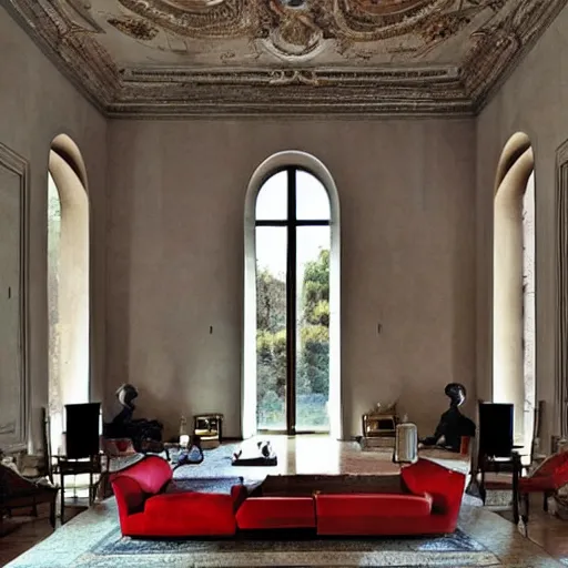 Prompt: giant Italian modern castle living room, clean minimalist design, that is 1300 feet tall, with very tall giant walls filled with modern art paintings, doors that are cosmic portals, giant modern stainless steel sculpture by Ken Kelleher, photo by Annie Leibovitz