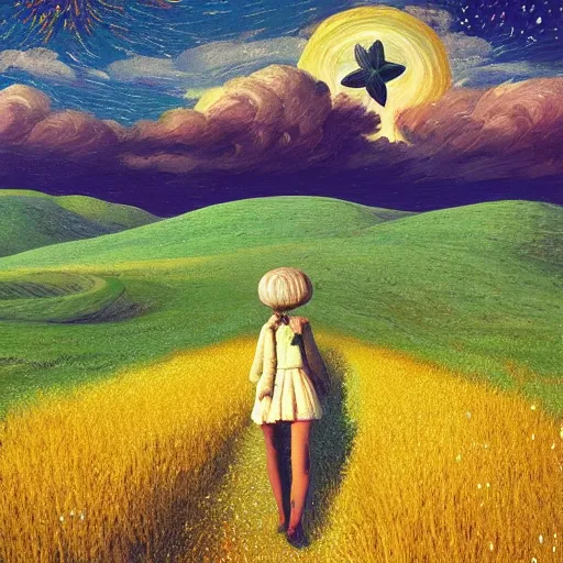 Image similar to giant daisy flower as a head, girl walking in wheat field, hills, surreal photography, moon light, dark night, star trails, dramatic light, impressionist painting, clouds, digital painting, artstation, simon stalenhag